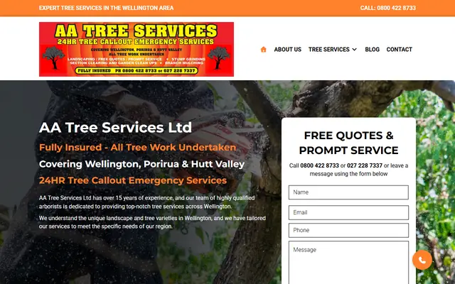 AA Tree Services website home page - Tree services, Wellington