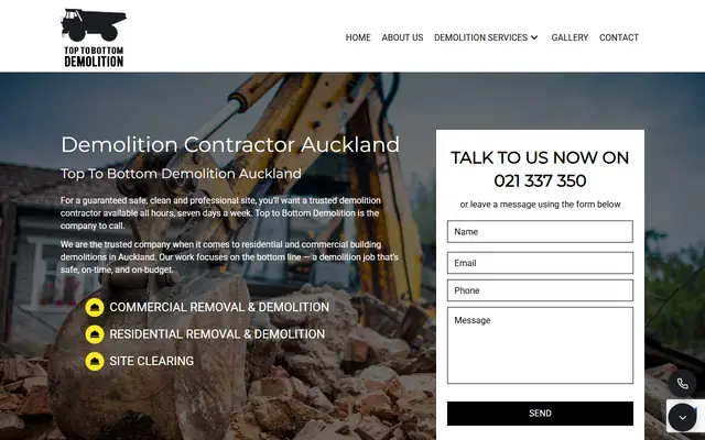 Top To Bottom Demolition website home page - Demolition, Auckland
