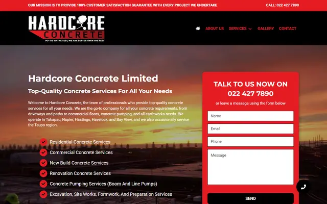 Hardcore Concrete website home page - Concrete, Hastings